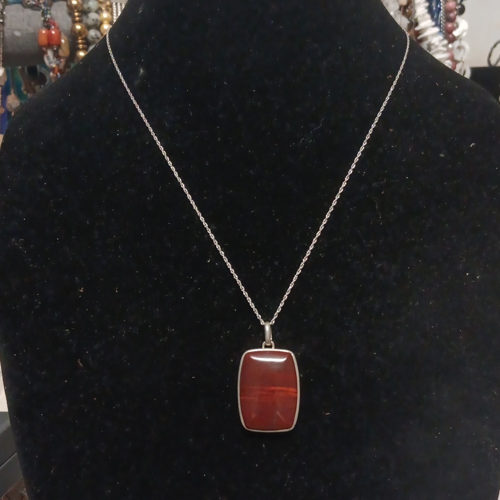 Silver Red Jasper Stone Pendant Necklace 925